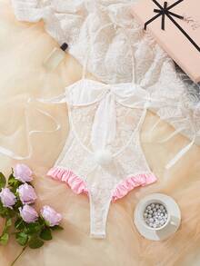 女士性感内衣，纯粹欲望，荷叶边装饰，镂空设计，撞色蕾丝，蝴蝶结点缀，性感兔女郎装，可爱睡衣，泰迪连体衣，毛绒兔耳尾巴连衣裙，性感内衣 - 白色 - 查看 5