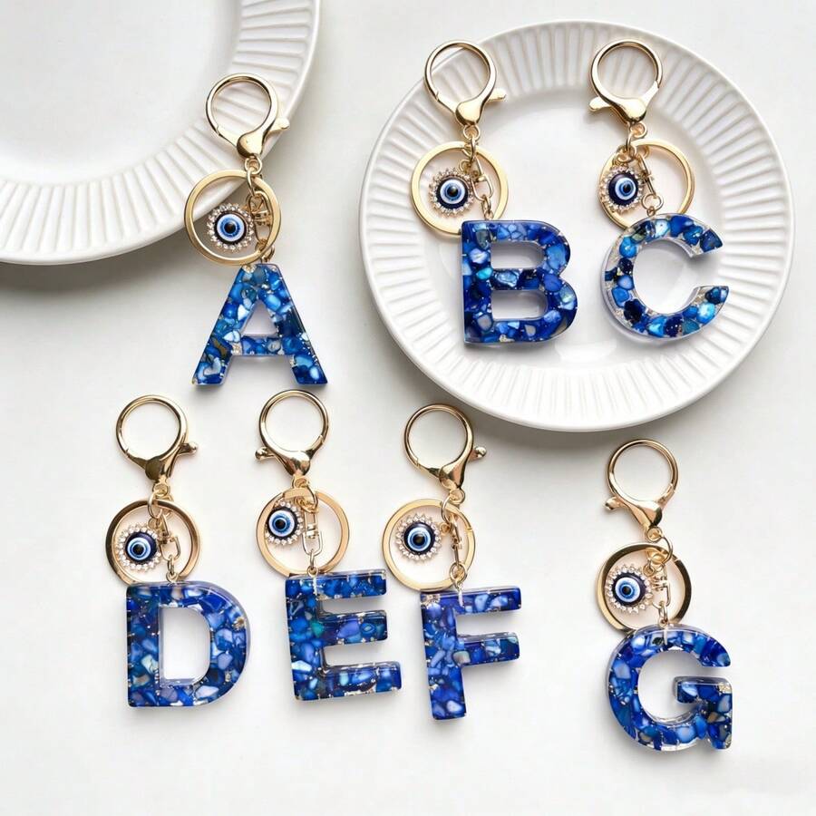1 chiếc móc khóa màu xanh hải quân thanh lịch với 26 chữ cái tiếng Anh, mặt dây chuyền hình mắt quỷ, thích hợp cho việc đi làm, đi chơi, giữ chìa khóa xe, chìa khóa nhà để tránh bị mất. - Nhiều màu - Xem 1