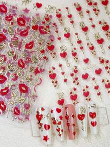 1pc Gold & Red Love Star Moon Totems Nail Art Stickers 5D Valentine's Day Glitter Heart/Red Lip/Bow Nail Decal Manicure Supplies - Multicolor - View 6