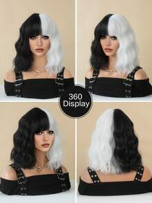 PIAOYUN 万圣节角色扮演假发，合成纤维假发，黑色带白色自然波波头波浪假发，带刘海，恶魔假发，女士适用 - 黑與白 - 查看 5