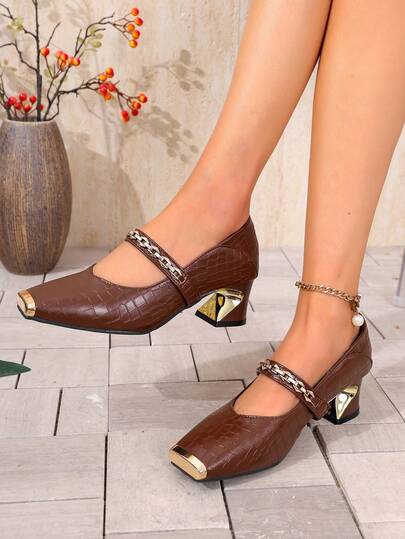 Metal Chain Decor Crocodile Embossed Faux Leather Non-Slip Square Toe Low Top Chunky Heel Retro Mary Jane Shoes