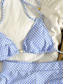 Women's Retro Plaid Print Sexy Bikini Set, Light Blue High Waist Bottoms, Gym Wear, New Year Outfit, Short Bikini/Outerwear Set/Casual/Millennium/Western Style/Nightclub/Beach Swimwear - Blue - View 8