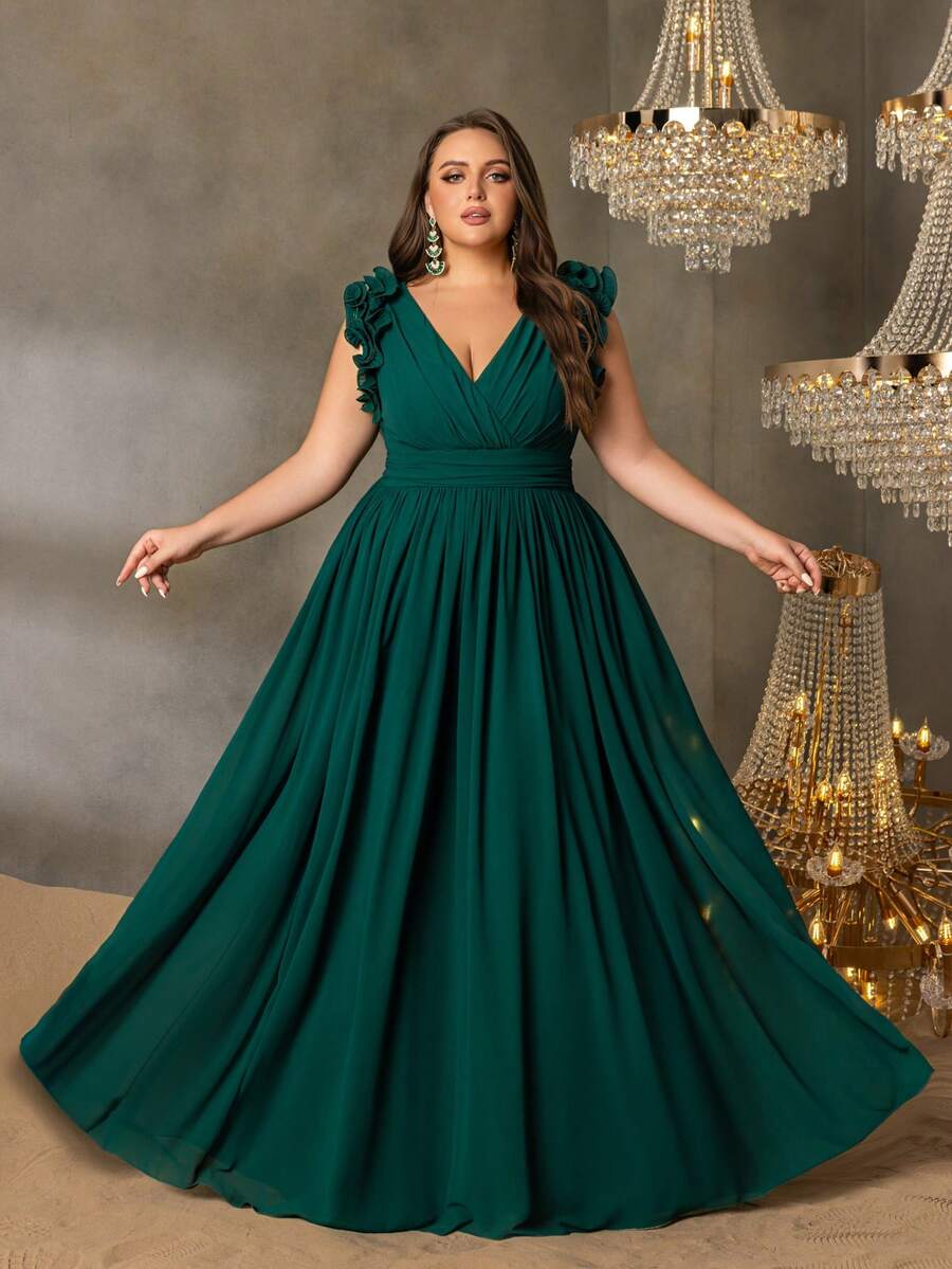 Faeriesty Plus Size Women's Elegant Formal A-Line Dress, Crossover Straps, Ruffle Collar, Fitted Silhouette, Flowing Chiffon Dress, Suitable For Gala, Formal Dinner, New Year Celebration Spring Wedding Party - Dark Green - View 1