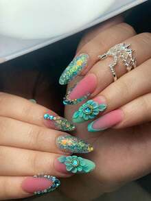 24片法式绿色花朵杏仁形美甲贴片，美甲闪粉，美甲用品，适合日常佩戴 - 彩色 - 查看 1