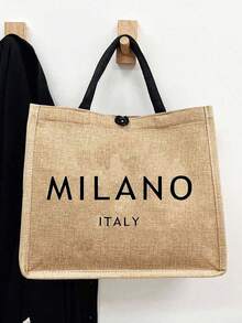 Bộ 4 túi đi biển, thiết kế in chữ "MILANO ITALY" độc đáo. Túi tote cỡ lớn tối giản kèm túi đựng mỹ phẩm di động, mũ chống nắng khoét lỗ mùa xuân/hè, kính râm hình trái tim màu đen, mũ xô phong cách Bohemian và mũ len rộng vành thoáng khí. Túi đựng mỹ phẩm di động. - Nhiều màu - Xem 7