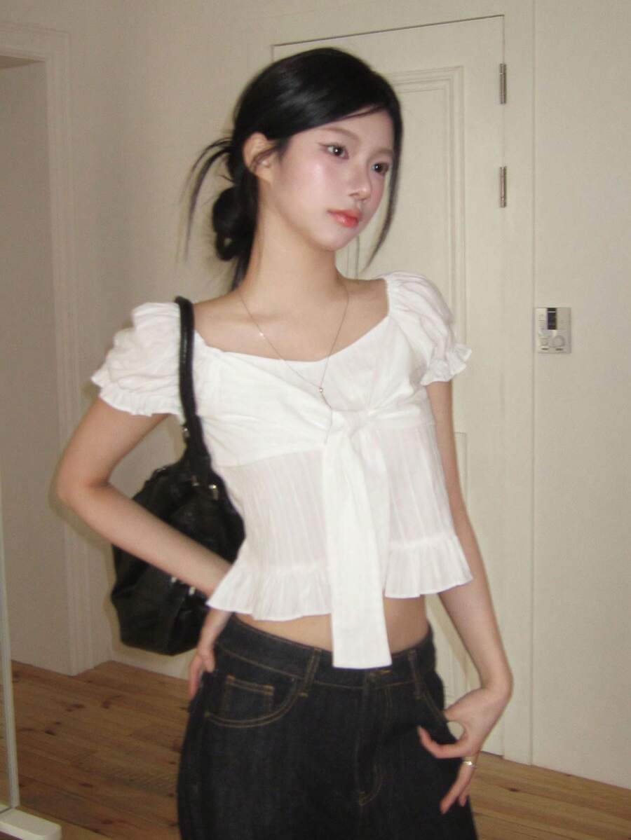 女士小巧蝴蝶结荷叶边泡泡袖短款上衣,韩版可爱小众风白色夏季 - 白色 - 查看 1
