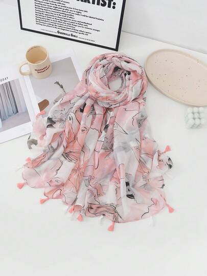 1pc Women's Printed Tassel Scarf, Beach Wrap Shawl For Vacation