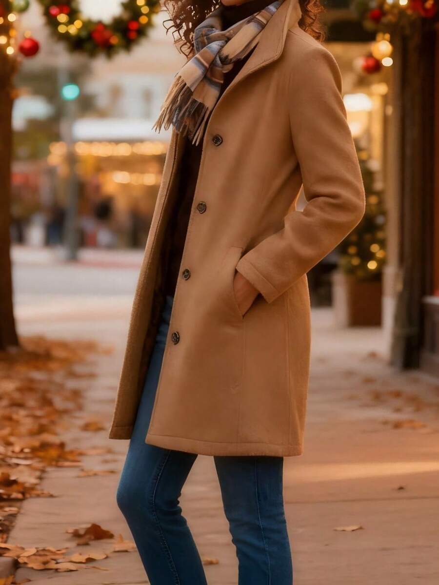 Tailored Pea Coat Women Button-Front Mid-Length Fall Office Outerwear, Oversized Wool-Blend Coat Women Button-Front Mid-Length Cozy Fall Daily Outerwear - 卡其色 - 查看 1