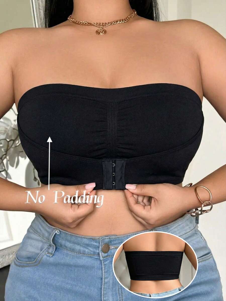 1 Piece Plus Size Women's Black Knit Wireless Sports Bra With Front Adjustable Clasp Support Strapless Bra For Workout, Yoga And Everyday Wear - 黑色 - 查看 1