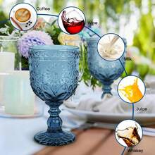 Sunflower Embossed Wine Glasses Set Of 6 – 10oz Blue Vintage Goblets, Dishwasher Friendly Stemmed Drinking Cups For Wedding Toast, Cocktail, Juice & Home Entertaining - 藏蓝色 - 查看 8