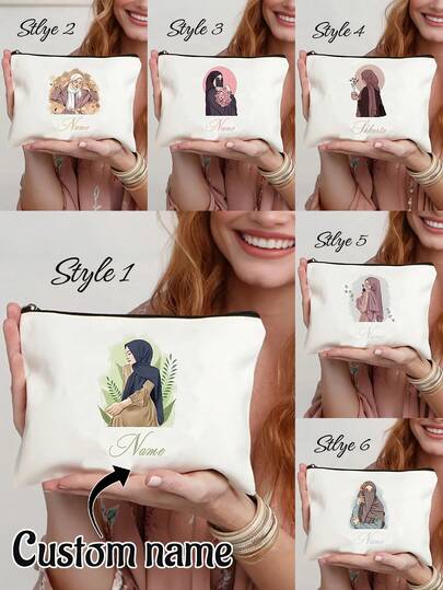 1 Stück personalisierte Make-up Tasche, personalisierte Eid Make-up Organizer, personalisierte Ramadan Mädchen Kosmetiktasche, dekoriert mit Blumen- und elegantem Hijab Mädchen Design, Reißverschluss, modische Kosmetik Aufbewahrungstasche, Federmäppchen, Reise Make-up Tasche, faltbar, geeignet für den täglichen Gebrauch, personalisierte religiöse Figur Make-up Tasche, geeignet als Reise- und Geschenk für Frauen-Partys, Eid-Geschenk, Ramadan-Geschenk