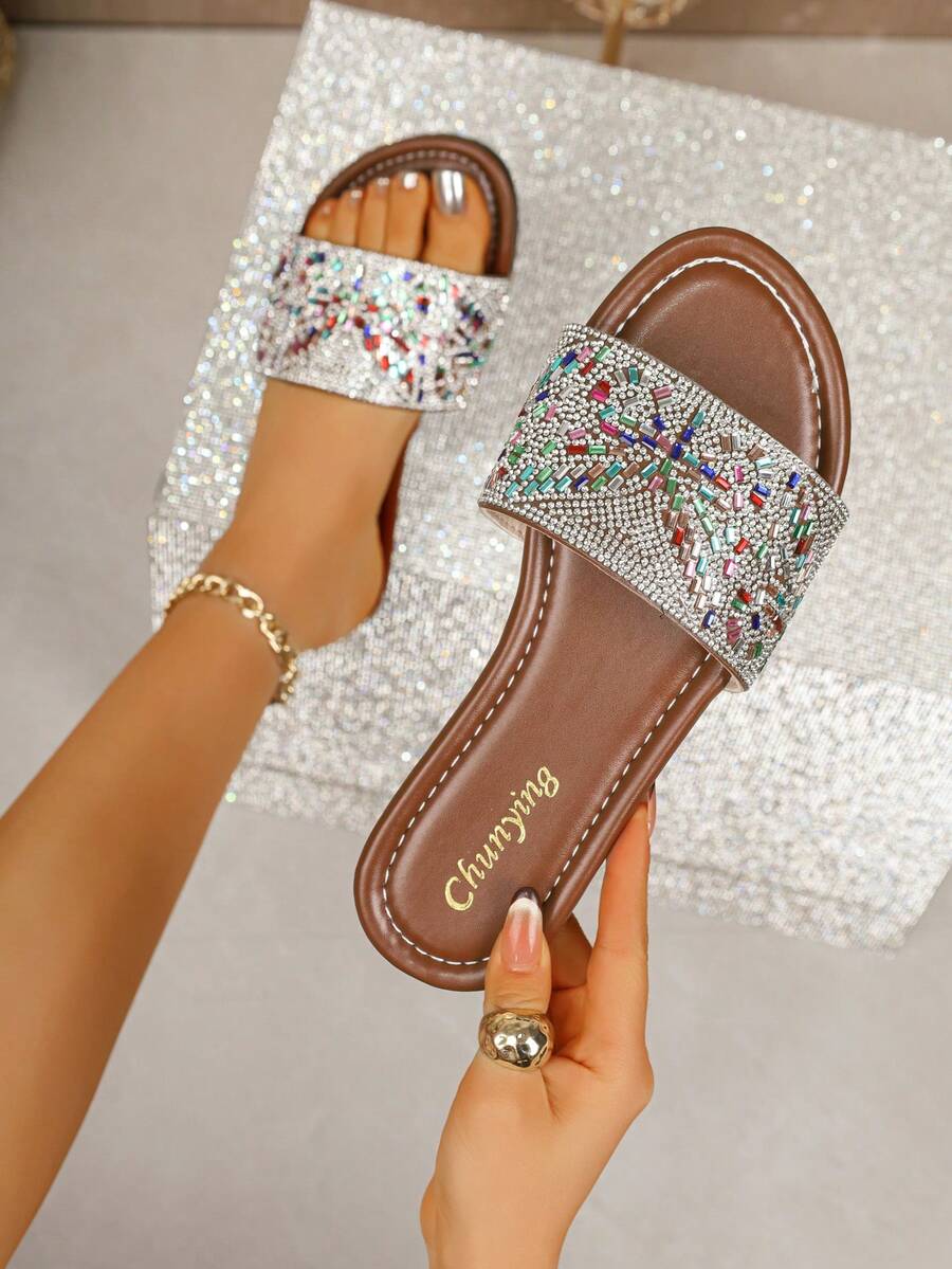 Dép lê thời trang nữ, kiểu dáng slip-on, mặt trên lấp lánh, đế bằng chống trượt, dép cho bé gái, thích hợp sử dụng trong nhà, phòng khách, phòng ngủ, phòng tắm, ngoài trời, bãi biển, tiệc tùng. - Bạc - Xem 1