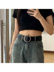1 Piece, Black Leather Belt With Circular Metal Buckle, Minimalist Distressed Style Unisex Everyday All-Season Belt Accessory. - Multicolor - View 7