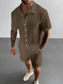 GloMan Men's Casual Holiday 2-Piece Set, Quality Striped Textured Solid Color Polo Shirt And Drawstring Waist Shorts Set, Lace Sheer Suitable For Summer, Suitable For Couple Dates, Suitable For Valentine's Day Gift - Brown - View 4