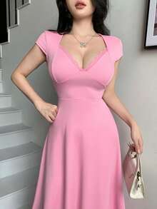 abyoxi 女士粉色短袖深V领蕾丝边A字中长连衣裙，复古优雅性感休闲风，适合日常穿着、约会、派对、正式晚宴，春夏修身连衣裙 - 粉色 - 查看 6