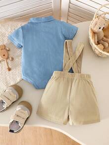 Infant Toddler Unisex Summer Outdoor Party Denim Cute Cartoon Bear Embroidered Short Sleeve Romper + Bib Pants 2pcs Set - Camel - View 3