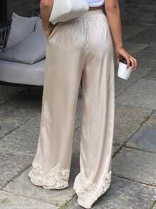 Women's Satin Silk Lace Cuff Pants Y2k Elastic Waist Wide Leg Lounge Boxer Bottoms  Casual Trousers - 香檳色 - 查看 4