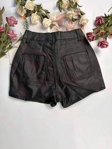 High Waist Slant Pocket Coated Shorts, Casual Sexy Bad Girl Style - Black - View 8