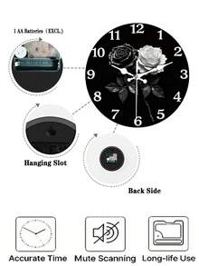 Relógio de Parede Elegante de Rosa Preto e Branco - Decoração Artística Silenciosa para Sala de Estar, Escritório ou Quarto de Hóspedes, Funcionamento a Pilha (AA não incluída), Relógio de Parede de Escritório | Relógio de Design Floral | Relógio de Parede de Madeira, Relógio de Parede para Sala de Estar - Multicolorido - Visão 4