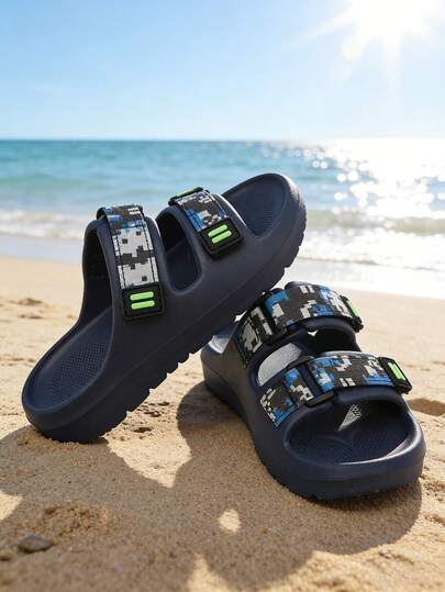 Dép lê hai quai cho bé trai và bé gái, dép mùa hè chống trượt đế dày in họa tiết rằn ri kỹ thuật số phối màu xanh lá cây, dép đi biển, hồ bơi, ngoài trời, trong nhà và sử dụng hàng ngày cho trẻ nhỏ.