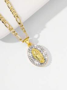 1pc Classic European Style Copper Inlaid Zirconia Guadalupe Virgin Mary Pendant Necklace, Limited Edition, Suitable As Gift For Christmas, Thanksgiving, Halloween, Mother's Day, Valentine's Day, Friends, Godparents, First Holy Communion, Daily Wear And Prayer - Yellow Gold - View 4