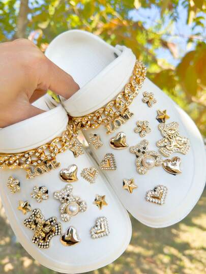 26pcs Gold Rhinestone Sequin Chain, ABS Pearl Small Bear, Heart, Pentagram, Letter Bear, Rhinestone Sequin Flower Shoe Charms - Easy To Install, Detachable DIY Decorations - Perfect Gift For Holidays, Parties And Special Occasions