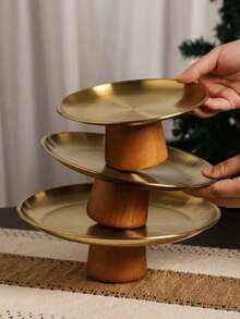 1个带木质底座的金属蛋糕架，适用于婚礼、蜡烛、珠宝展示托盘、甜点桌等场合 - 彩色 - 查看 3