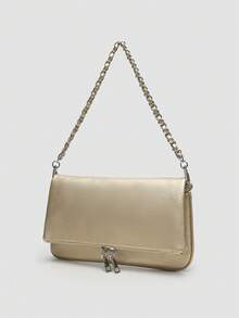 1pc Women's Chain Shoulder Bag, Crossbody Bag, Litchi Grain Underarm Bag With Chain, Minimalist Fashion Small Square Bag, Shoulder & Crossbody Bag With Detachable Strap - 金色 - 查看 2