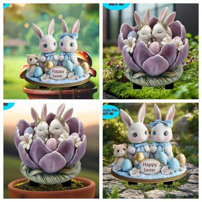 Colorful Easter Egg Cup With Cute Rabbit Acrylic Outdoor Garden Sculpture Lawn Decor