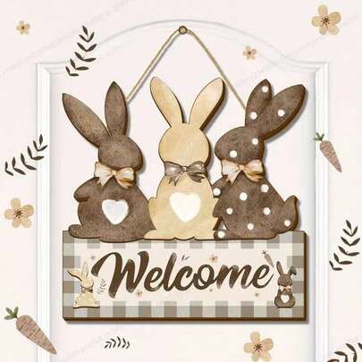 1个木制复活节兔子牌，兔子欢迎牌，带木制领结，前门装饰，农舍风格墙面装饰，室内外复活节春季装饰
