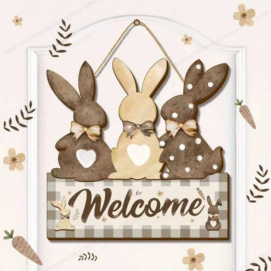 1个木制复活节兔子牌，兔子欢迎牌，带木制领结，前门装饰，农舍风格墙面装饰，室内外复活节春季装饰 - 彩色 - 查看 1