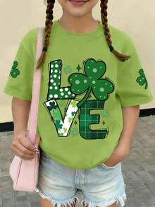 Camiseta de cuello redondo de manga corta con estampado de trébol de cuatro hojas de estilo casual para el Día de San Patricio, nueva ropa de primavera/verano para niñas - Verde - Ver 1