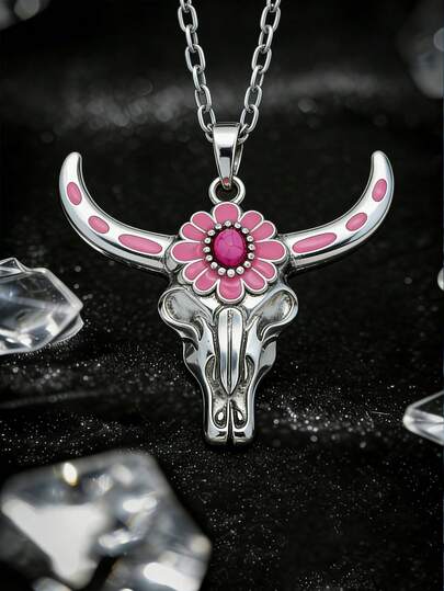 1 pieza Collar con colgante de cabeza de toro estilo vaquero occidental, estilo retro exagerado para mujer