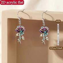 2D Flat, A Pair Of Charming Purple Rose Design Double-Sided Simulation Pattern Acrylic Earrings - A Lightweight And Battery-Free Ladies' Accessory With A Wide Range Of Choices. Perfect Holiday Party Gifts For Christmas, Valentine's Day And Thanksgiving. Fun Accessories. Smooth Surface, Unique 2D Flat Earrings - Multicolor - View 5