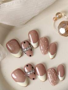 10pcs Acrylic Press On Nails Almond Nails French Style Brown Nails Cat's Eye Diamond Grid White Nails Press On Nail Supplies Press On Nails Short Acrylic Nail Kit Nail Art Office DailyWear False Nails Artificial Nails Kit Includes 1sheet Adhesive Tabs &1 Pc Mini File - Multicolor - View 4