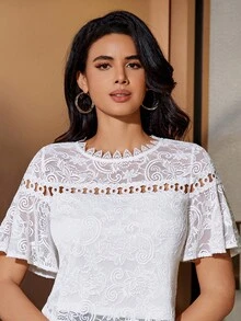 MIUSOL White Floral Lace Flare Sleeve Round Neck Fitted Blouse, Spring/Summer, Ruffle Trim Sleeve Top - White - View 10