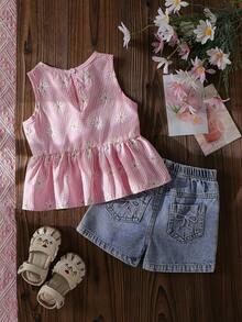 女婴及女婴甜美粉色条纹雏菊无袖上衣和浅蓝色牛仔短裤套装，粉色蝴蝶结 - 粉色 - 查看 6