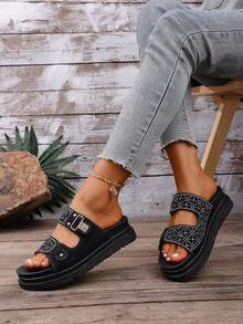 1 par de sandalias abiertas de mujer con suela gruesa brillante, hebilla de metal texturizada con rhinestones, cómodas y versátiles, adecuadas para el verano - Negro - Ver 3