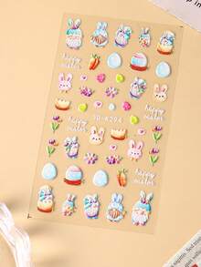 2 piezas Pegatinas de arte de uñas de 5D con huevos de Pascua y conejos de dibujos animados, pegatinas decorativas de huevos de Pascua y conejos de colores para celebración de Pascua, decoraciones de uñas con láminas de Pascua, suministros para uñas - Multicolor - Ver 6