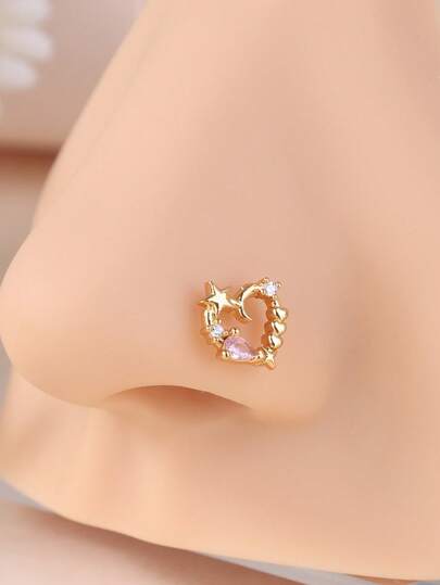 1件装 星形爱心粉色锆石L形鼻钉/鼻环 – 20G金色可爱鼻孔穿刺饰品，适合日常佩戴、海滩、度假和派对。