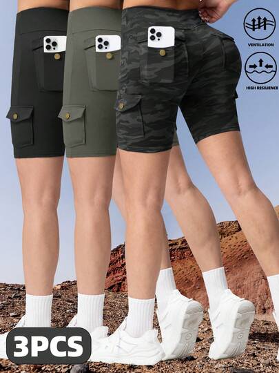 3pcs Women's Outdoor Cargo Shorts, Tight Fit Camo, Solid Color & Printed Cycling Shorts With Pockets, Casual Daily Sports Fitness Shorts For Summer, Black Camo, Gray, Red