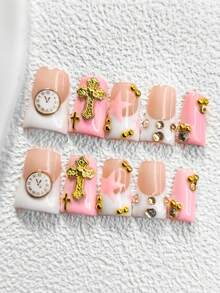 10pcs Y2K Cute Nail Stickers Set, Handmade Nail Art Decorations Including Clock, Cross, Champagne Rhinestone, Golden Beads, Pink & White Gel, Hand-Painted Stars, 3 Sizes Available (Almond, Duck, Coffin Shape), Comes With Tool Kit, Suitable For Women & Girls, Applicable For Parties, Celebrations, Birthdays, Daily Nail Care Nails Nail Supplies Handmade Press On Nails - Multicolor - View 12