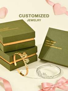[Valentine's Day Selection] Personalized Customized Bracelets, Customized Text Bracelets (Gold/Silver), Open Bracelet Text Customization, Stainless Steel Jewelry, Valentine's Day Gifts, Gold Stainless Steel Jewelry, Customization, Gift Box Style, Gift Selection. - Selected Items - View 1