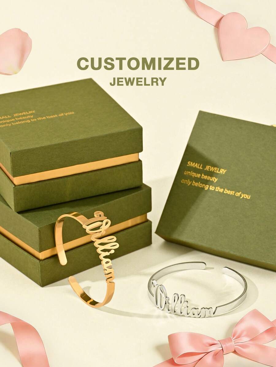 [Valentine's Day Selection] Personalized Customized Bracelets, Customized Text Bracelets (Gold/Silver), Open Bracelet Text Customization, Stainless Steel Jewelry, Valentine's Day Gifts, Gold Stainless Steel Jewelry, Customization, Gift Box Style, Gift Selection. - Selected Items - View 1