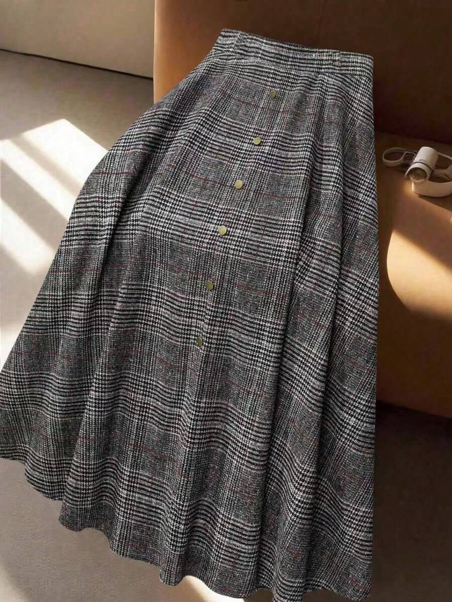 EARO Women's Elegant Long Plaid Skirt, Front Button Design, High Waist A-Line Silhouette, Non-Stretch Fabric Spring - Brown Black White - View 1