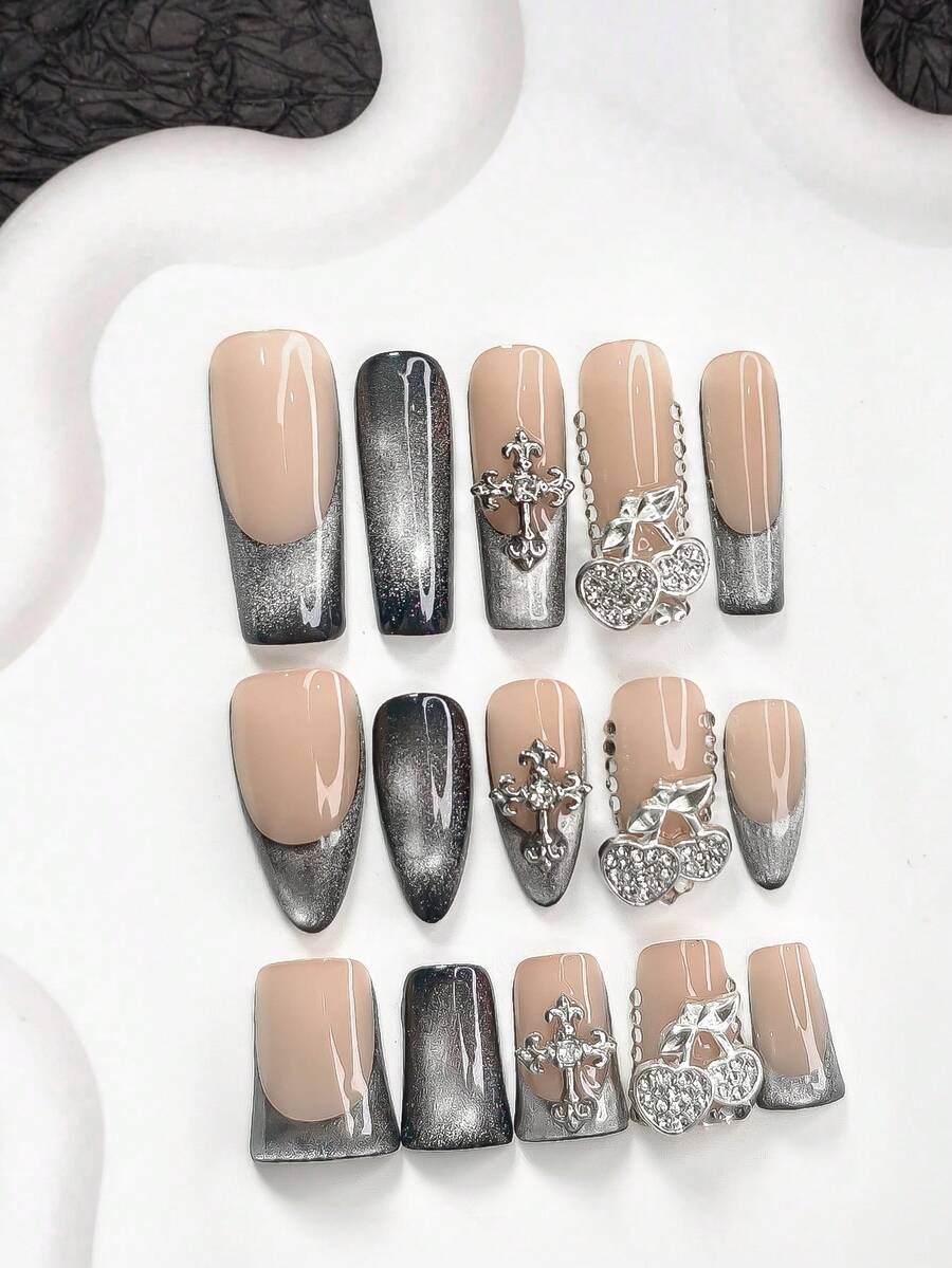 10件套奢华女继承人风格凝胶美甲套装，亚克力按压式美甲贴片，银色十字架，双樱桃美甲装饰，闪亮银色星空美甲贴纸，黑色指甲油，豹纹风格，送给女性和女孩的绝佳礼物，包含美甲工具（1张果冻贴片+1个指甲锉），3种尺寸：杏仁形、鸭嘴形、棺材形，适合日常、通勤、派对、摄影、冬季美甲，手工按压式美甲贴片。 - 彩色 - 查看 1