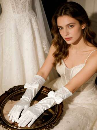 1 par de guantes de encaje con lazo, guantes formales de actuación, guantes de satén para cosplay, guantes de novia, guantes largos de satén blanco de dedo completo, cubiertas de manga de vestido de novia, guantes formales para ceremonias