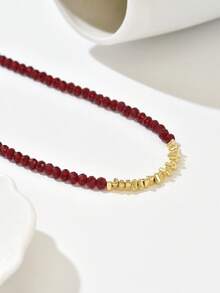 1pc Elegant Luxury Asymmetrical Glass Bead & Faux Pearl Necklace, Versatile For Women's Daily, Casual, Party, Music Festival Wear, Suitable As Valentine's Day Gift - Burgundy - View 4