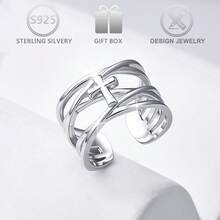1pc 925 Sterling Silver Minimalist Fashion Multi-Layer Cross Design Wide Band Ring, Suitable For Everyday, Casual, Holiday Wear, Birthday Gift - Silver - View 2