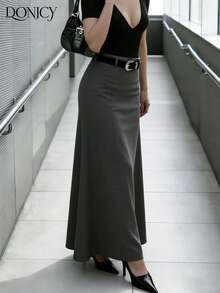 DONICY Chân váy maxi đuôi cá xẻ tà cạp cao màu xám trơn dành cho nữ, phù hợp cho công sở, kinh doanh và các dịp trang trọng. Chất vải dày vừa phải, thoáng khí, thoải mái cho mùa xuân/hè, lễ hội, hẹn hò và đi làm hàng ngày. - Màu xám đen - Xem 7